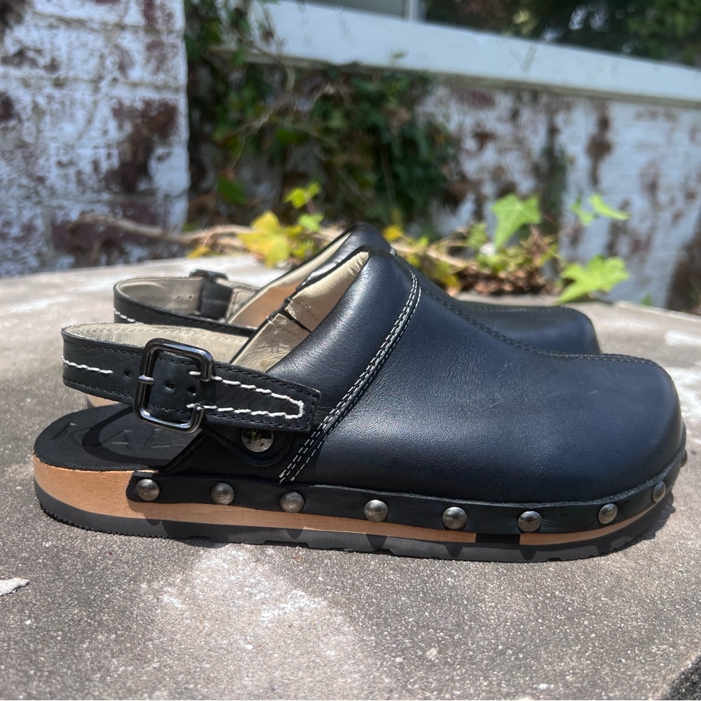 Kalso Earth Shanti Black Leather & Wood Slip Clogs Mules Negative Heel Sz 7 NWOB - Picture 2 of 13